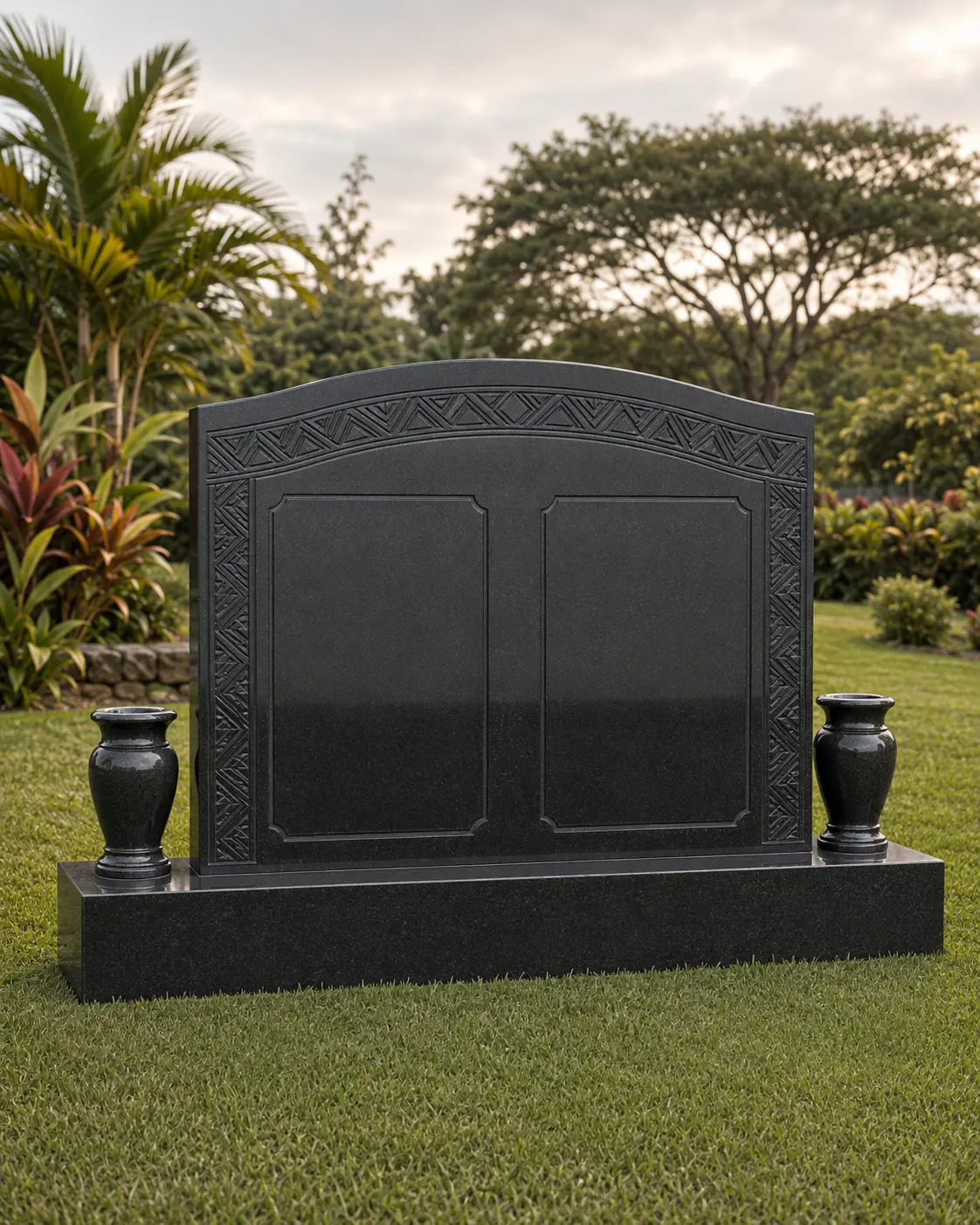 Wide Polynesian-inspired companion granite memorial