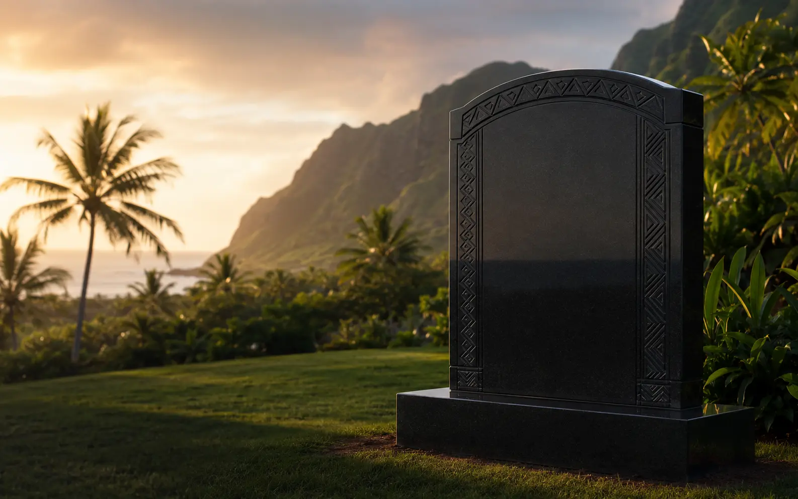 Detailed Polynesian-inspired carving on a black granite memorial