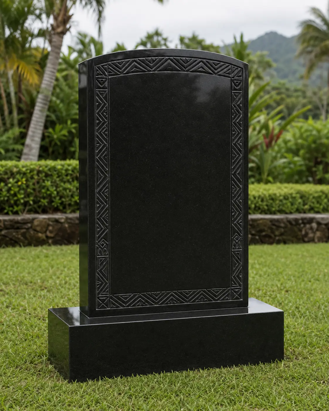 Polynesian-inspired upright black granite memorial
